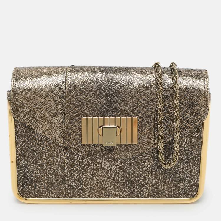 Pre Owned Chloe Sally Small Metallic Python Embossed Leather Shoulder Bag