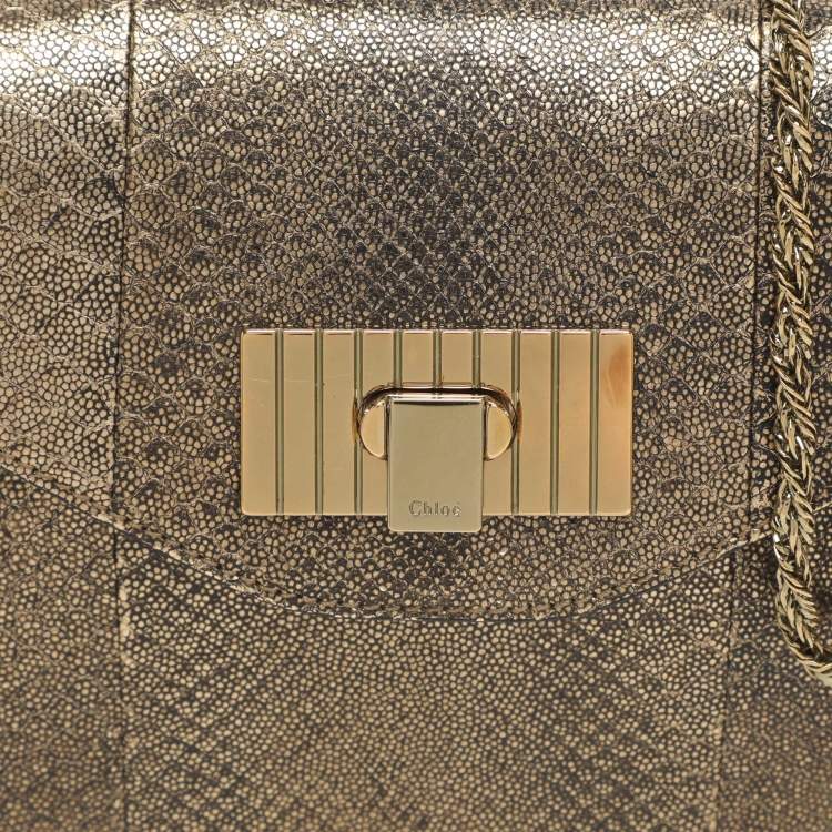 Pre Owned Chloe Sally Small Metallic Python Embossed Leather Shoulder Bag