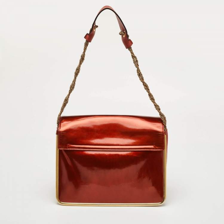 Pre Owned Chloe Sally Medium Orange Patent Leather Flap Shoulder Bag