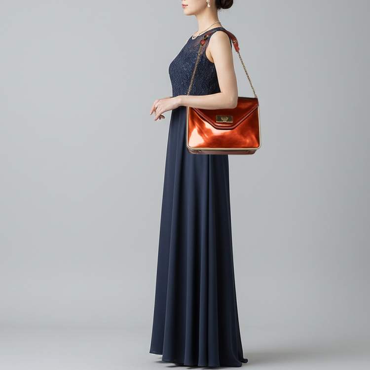 Pre Owned Chloe Sally Medium Orange Patent Leather Flap Shoulder Bag