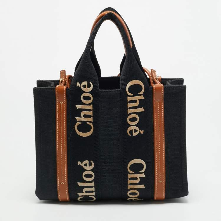 Pre Owned Chloe Woody Small Black/Brown Canvas and Leather Tote
