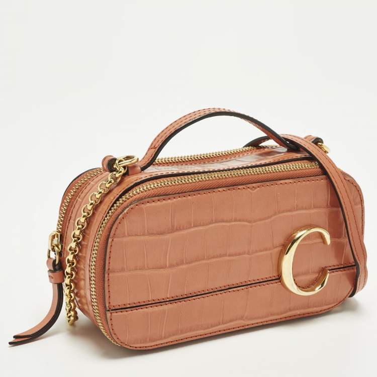 Pre Owned Chloé Vanity C Mini Brown Croc Embossed Shoulder Bag