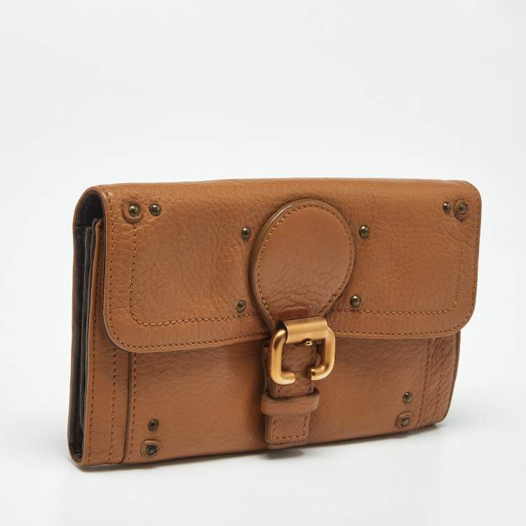 Pre Owned Chloe Brown Leather Buckle Detail Continental Wallet