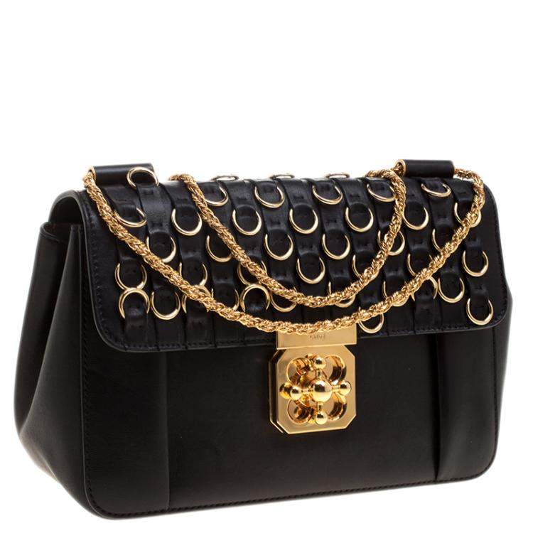 Pre Owned Chloe Black Leather Medium Elsie Ring Embellished Shoulder Bag
