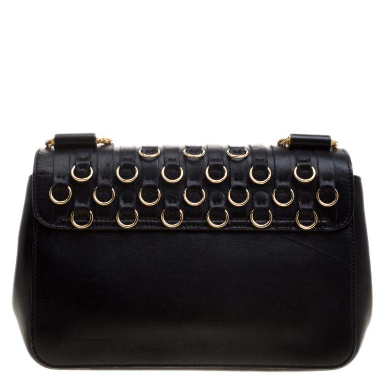 Pre Owned Chloe Black Leather Medium Elsie Ring Embellished Shoulder Bag