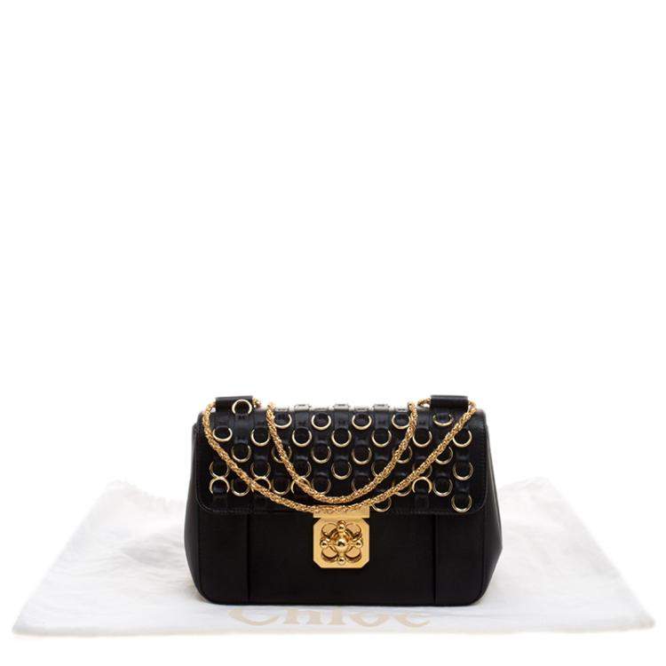 Pre Owned Chloe Black Leather Medium Elsie Ring Embellished Shoulder Bag