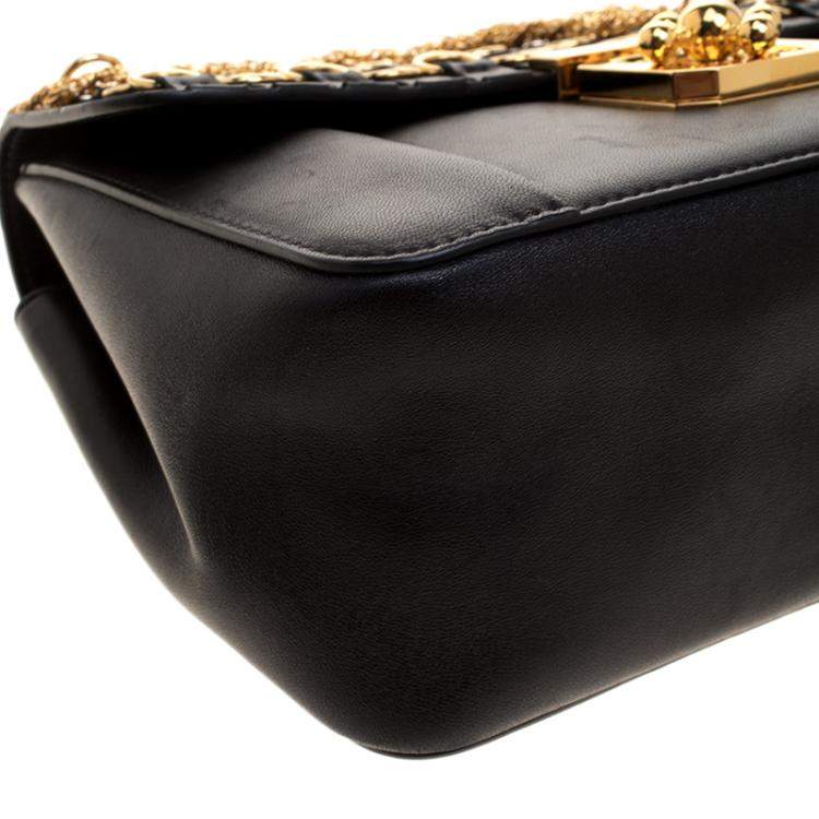 Pre Owned Chloe Black Leather Medium Elsie Ring Embellished Shoulder Bag