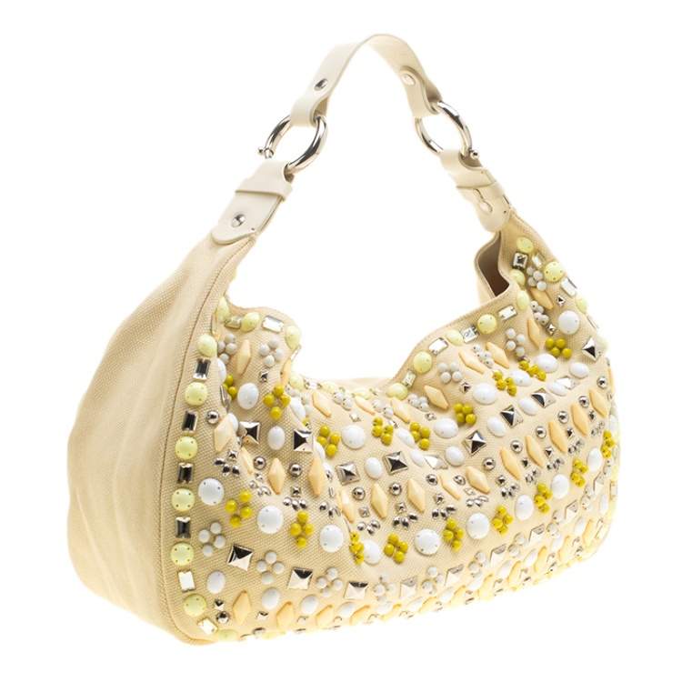 Pre Owned Chloe Beige Canvas and Leather Beads Embellished Hobo