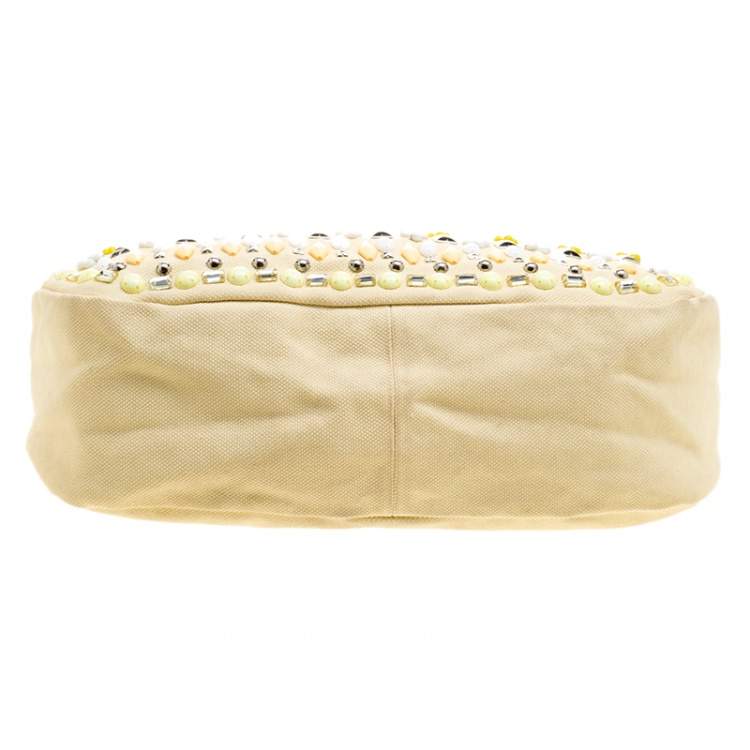 Pre Owned Chloe Beige Canvas and Leather Beads Embellished Hobo