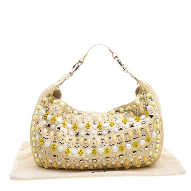 Pre Owned Chloe Beige Canvas and Leather Beads Embellished Hobo