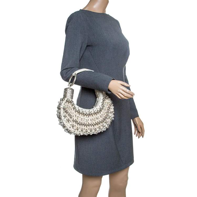 Pre Owned Chloe Off White Canvas Beaded Embellished Crescent Hobo