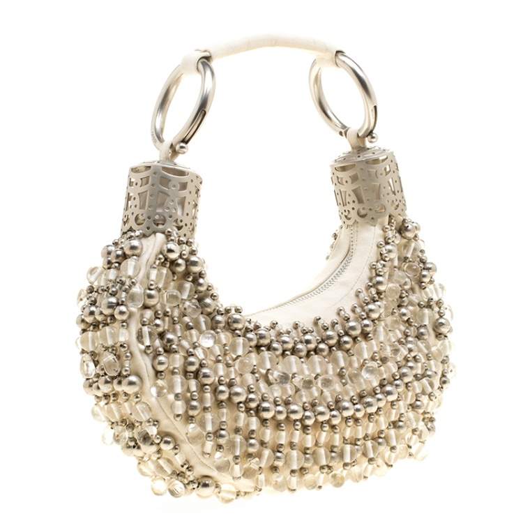 Pre Owned Chloe Off White Canvas Beaded Embellished Crescent Hobo
