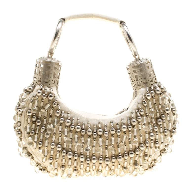 Pre Owned Chloe Off White Canvas Beaded Embellished Crescent Hobo