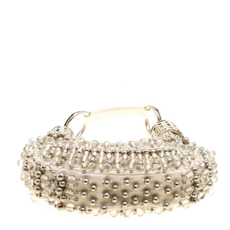 Pre Owned Chloe Off White Canvas Beaded Embellished Crescent Hobo