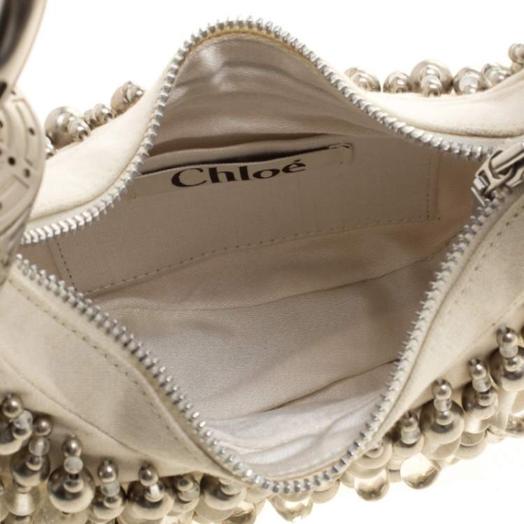 Pre Owned Chloe Off White Canvas Beaded Embellished Crescent Hobo