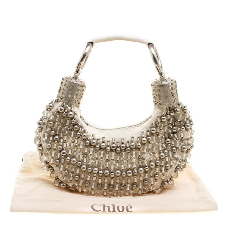 Pre Owned Chloe Off White Canvas Beaded Embellished Crescent Hobo