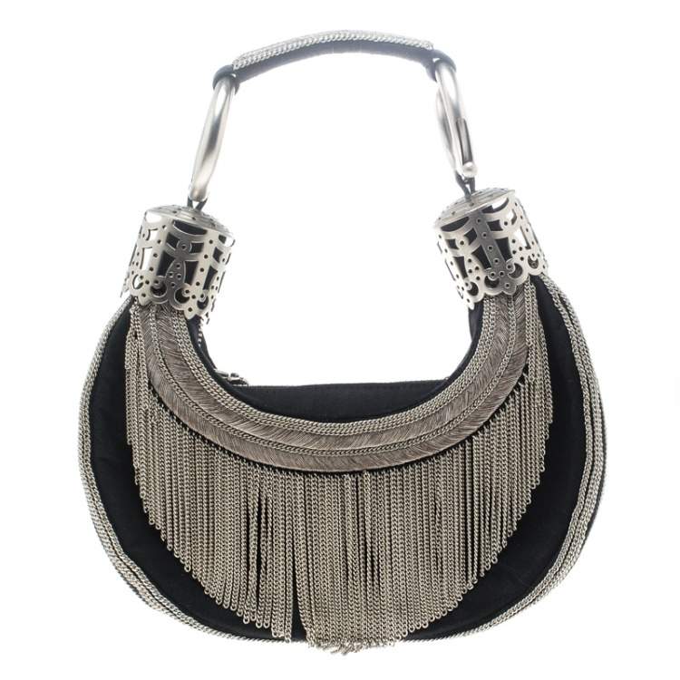 Pre Owned Chloe Black Chain Embellished Canvas Crescent Hobo