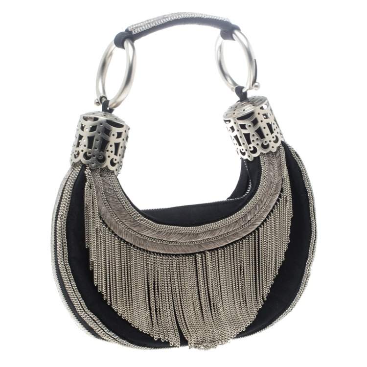 Pre Owned Chloe Black Chain Embellished Canvas Crescent Hobo