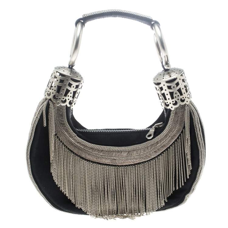 Pre Owned Chloe Black Chain Embellished Canvas Crescent Hobo