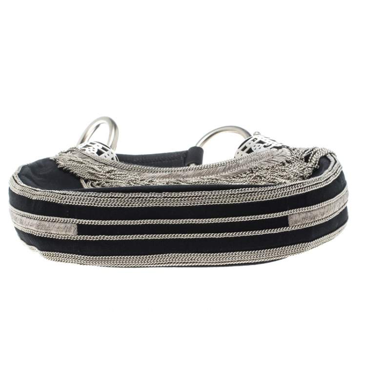 Pre Owned Chloe Black Chain Embellished Canvas Crescent Hobo