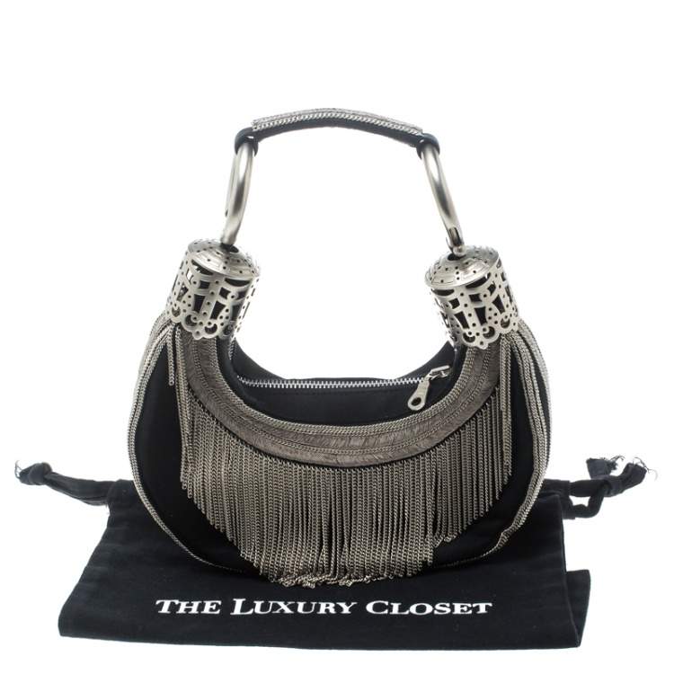 Pre Owned Chloe Black Chain Embellished Canvas Crescent Hobo