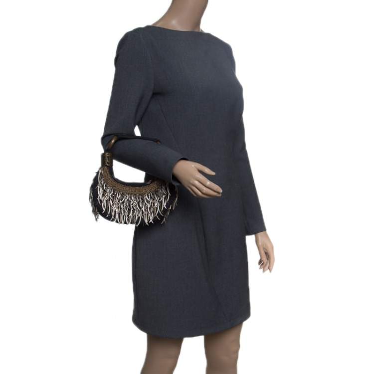Pre Owned Chloe Black Canvas Embellished Crescent Hobo