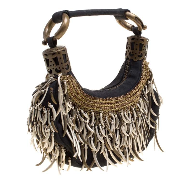 Pre Owned Chloe Black Canvas Embellished Crescent Hobo