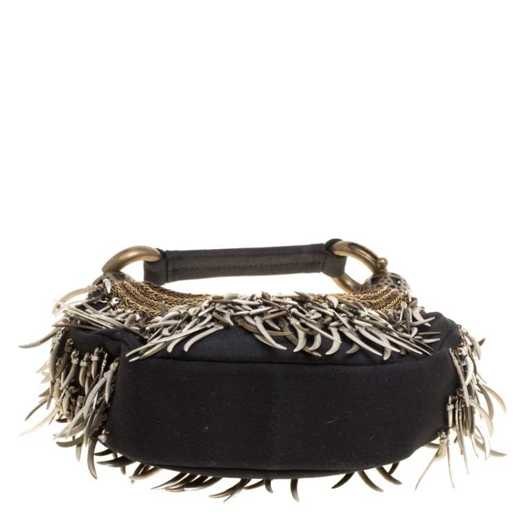 Pre Owned Chloe Black Canvas Embellished Crescent Hobo