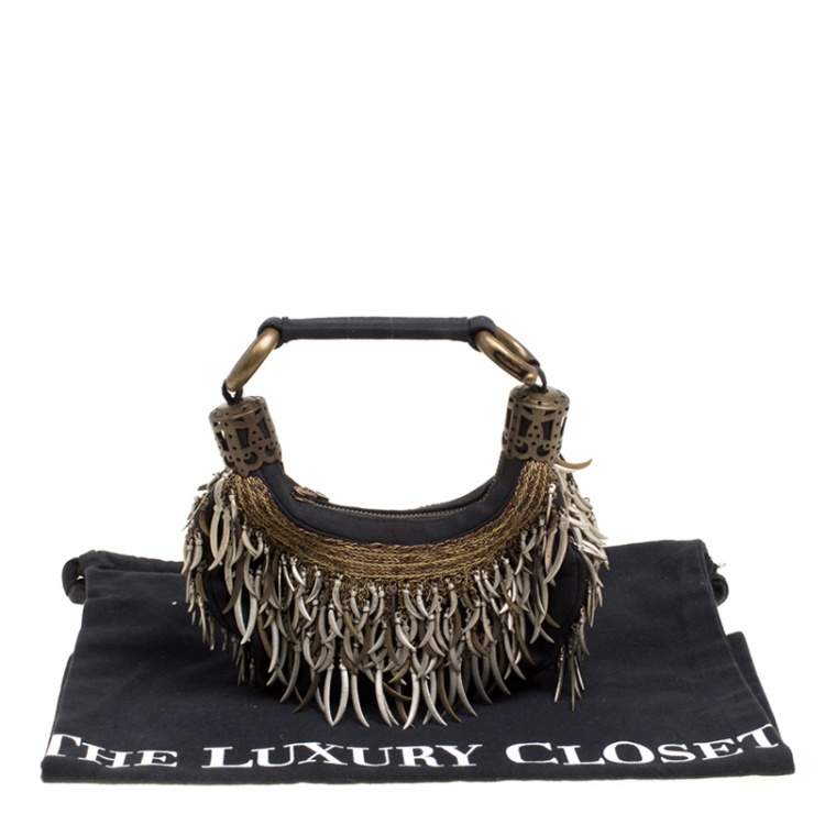 Pre Owned Chloe Black Canvas Embellished Crescent Hobo