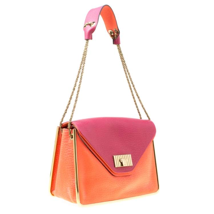 Pre Owned Chloe Pink/Coral Orange Leather Medium Sally Flap Shoulder Bag