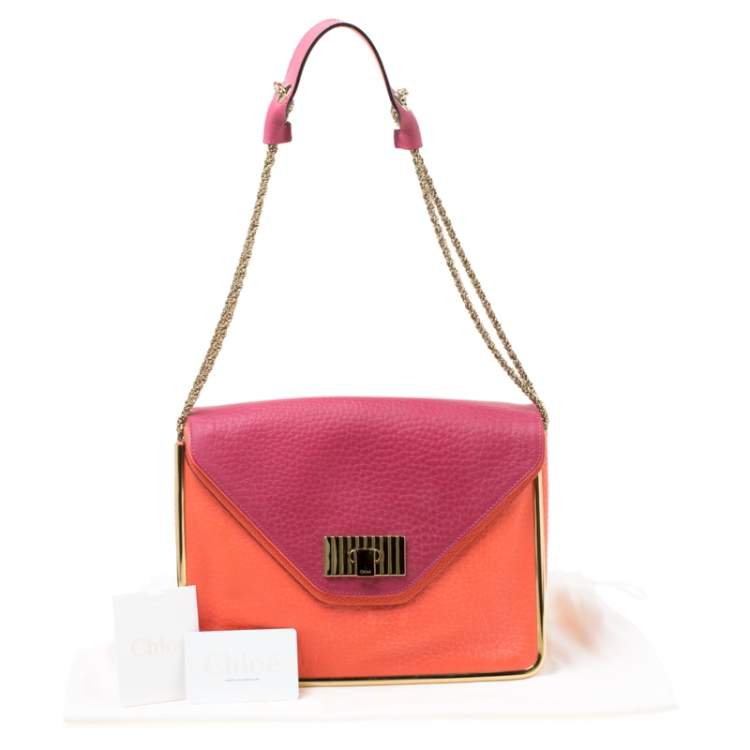 Pre Owned Chloe Pink/Coral Orange Leather Medium Sally Flap Shoulder Bag