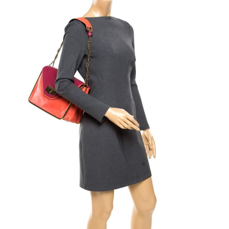 Pre Owned Chloe Pink/Coral Orange Leather Medium Sally Flap Shoulder Bag
