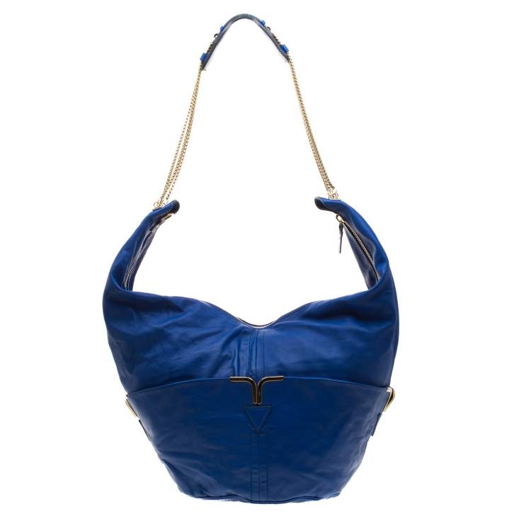 Pre Owned Chloe Blue Leather Milton Triple Chain Hobo 