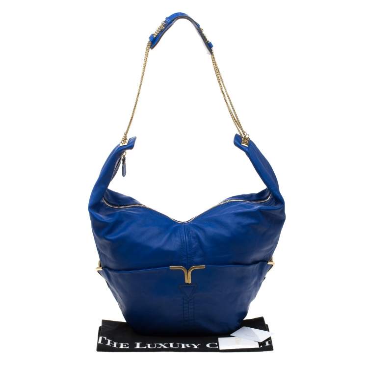 Pre Owned Chloe Blue Leather Milton Triple Chain Hobo 