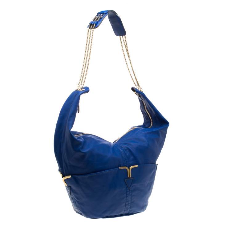 Pre Owned Chloe Blue Leather Milton Triple Chain Hobo 