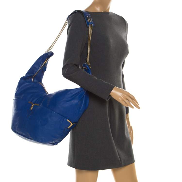 Pre Owned Chloe Blue Leather Milton Triple Chain Hobo 