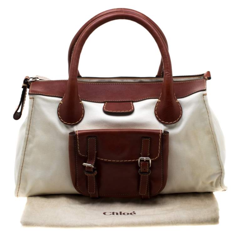 Pre Owned Chloe Brown/Off-White Canvas and Leather Edith Shopper Tote