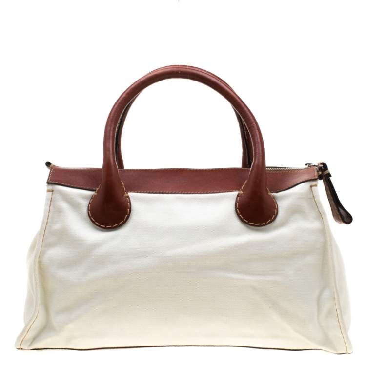 Pre Owned Chloe Brown/Off-White Canvas and Leather Edith Shopper Tote