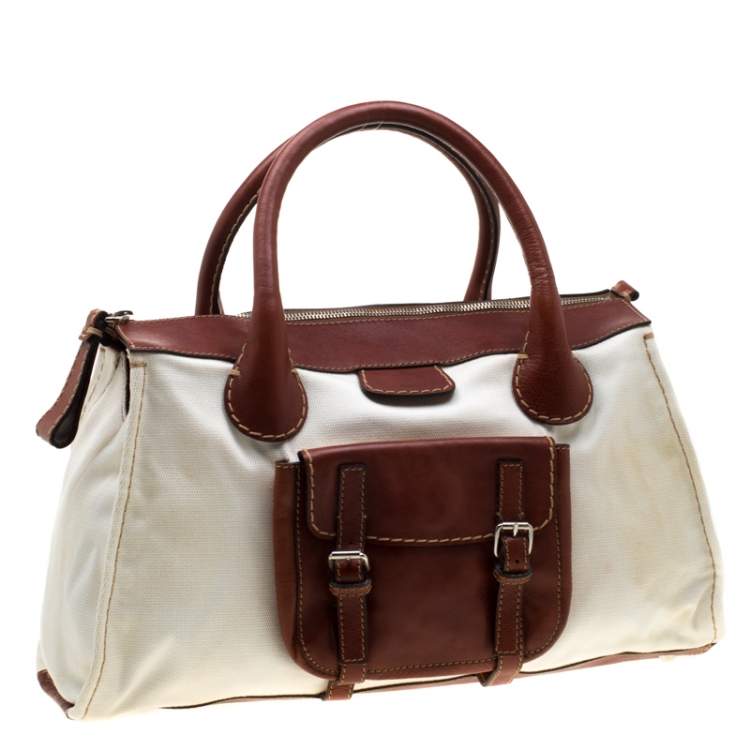 Pre Owned Chloe Brown/Off-White Canvas and Leather Edith Shopper Tote