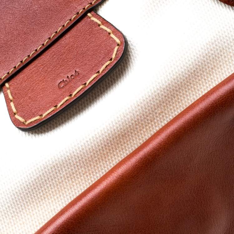 Pre Owned Chloe Brown/Off-White Canvas and Leather Edith Shopper Tote
