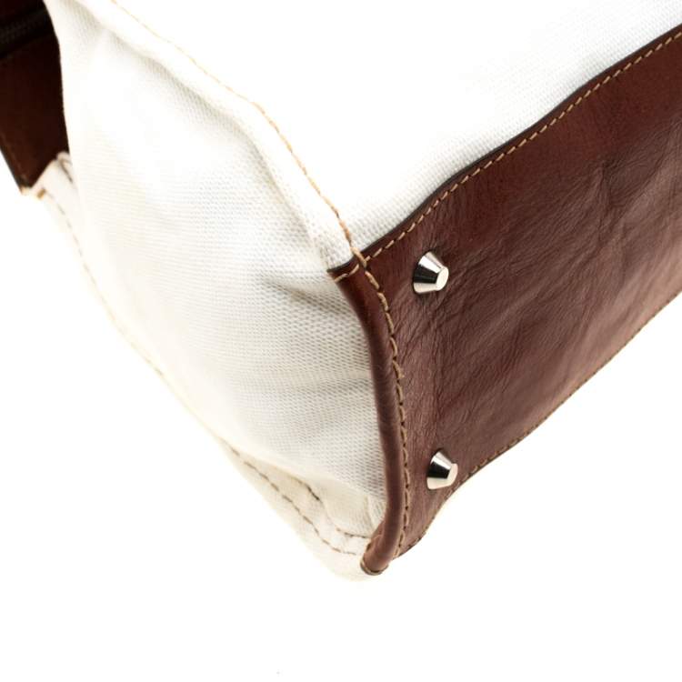 Pre Owned Chloe Brown/Off-White Canvas and Leather Edith Shopper Tote