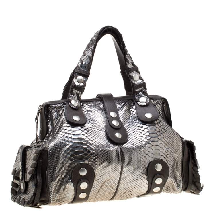 Pre Owned Chloe Metallic SIlver/Grey Python and Leather Silverado Satchel