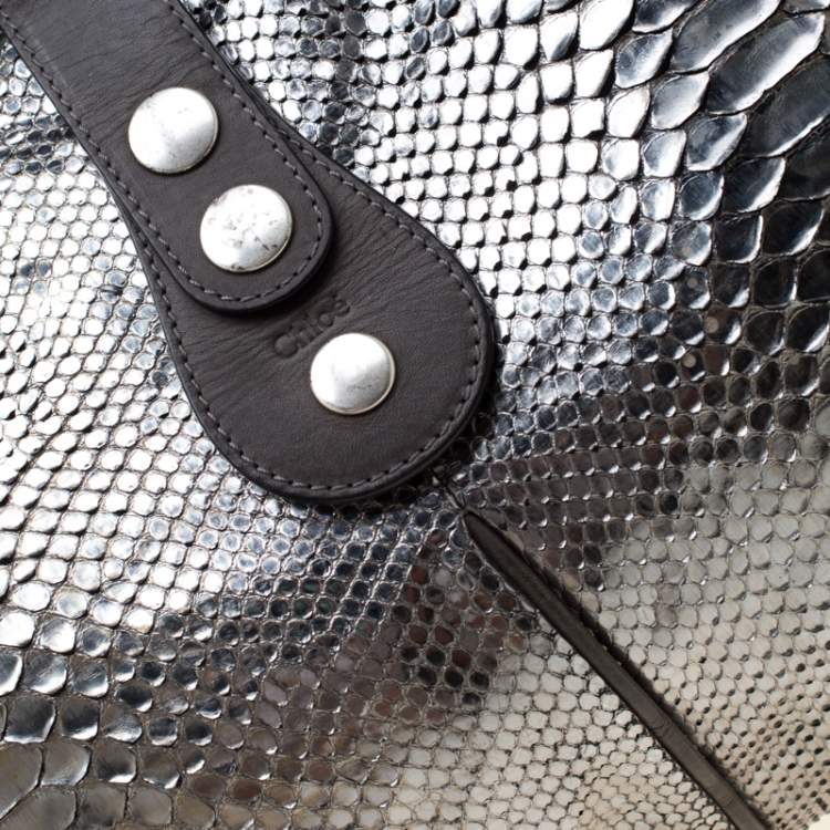 Pre Owned Chloe Metallic SIlver/Grey Python and Leather Silverado Satchel