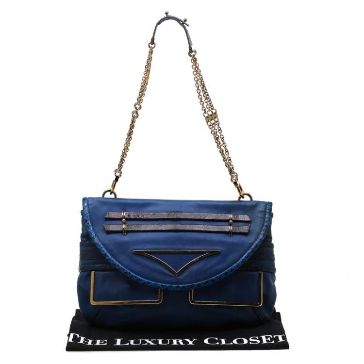 Pre Owned Chloe Blue Leather and Python Trim Flap Shoulder Bag