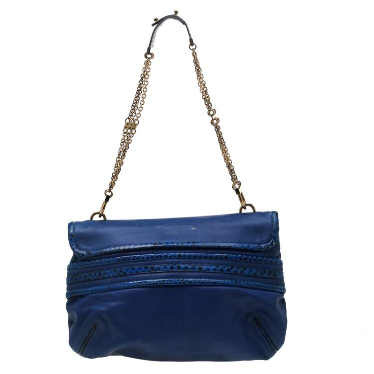 Pre Owned Chloe Blue Leather and Python Trim Flap Shoulder Bag