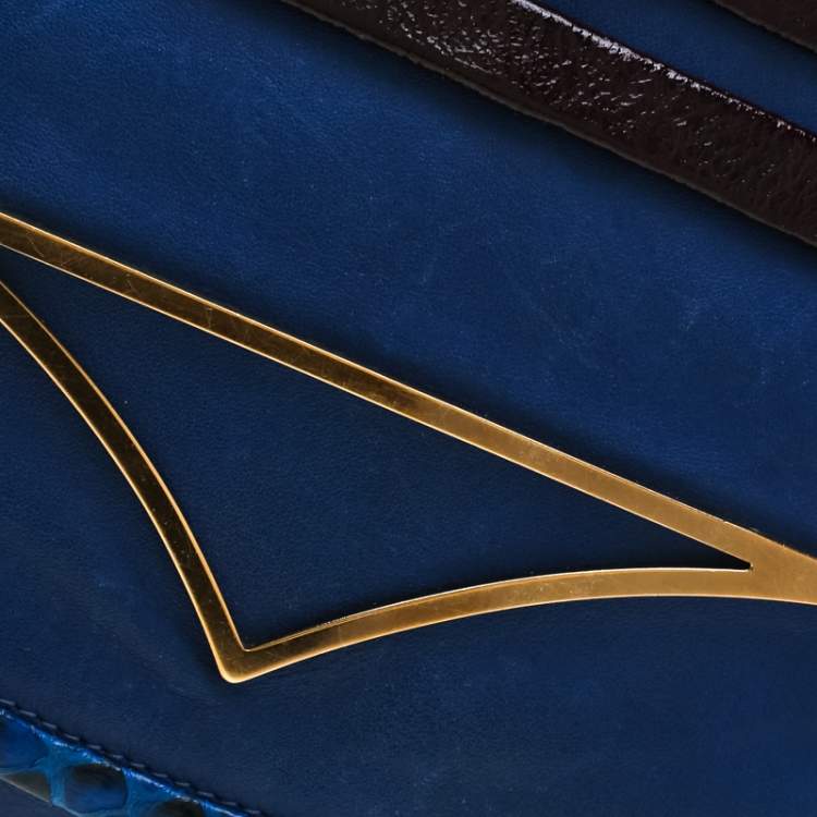 Pre Owned Chloe Blue Leather and Python Trim Flap Shoulder Bag