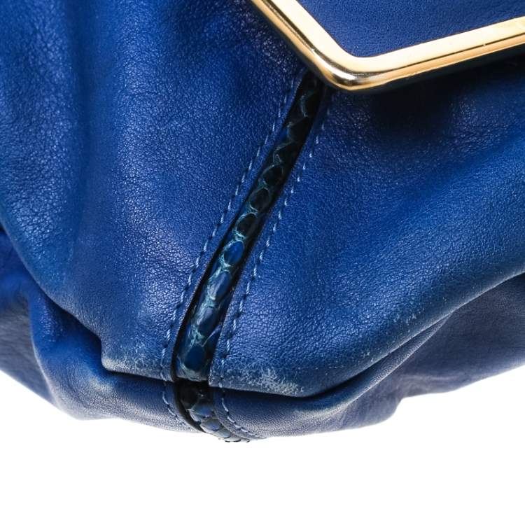 Pre Owned Chloe Blue Leather and Python Trim Flap Shoulder Bag