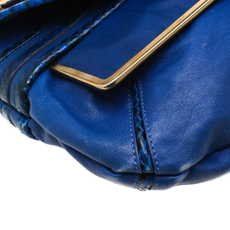 Pre Owned Chloe Blue Leather and Python Trim Flap Shoulder Bag