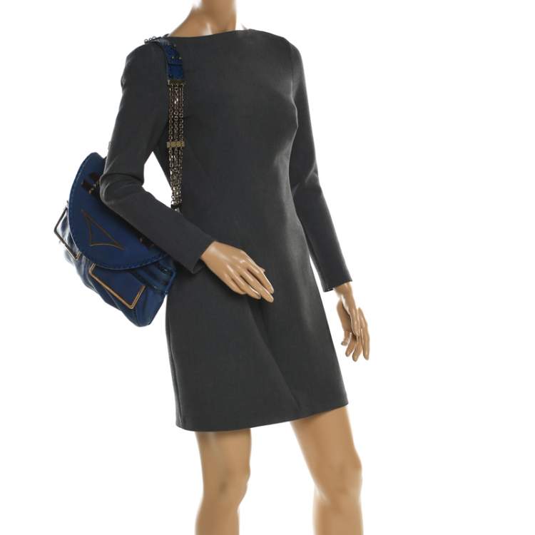 Pre Owned Chloe Blue Leather and Python Trim Flap Shoulder Bag