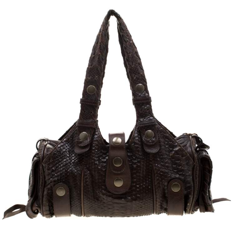 Pre Owned Chloe Dark Brown Python and Leather Silverado Satchel